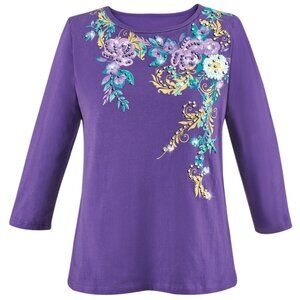New XXL Purple Cascading Floral Sparkling Sequin 3/4 Sleeves Knit Top